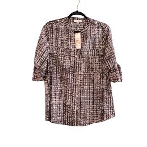 NWT Calvin Klein purple black & white graphic print roll tab long sleeve blouse